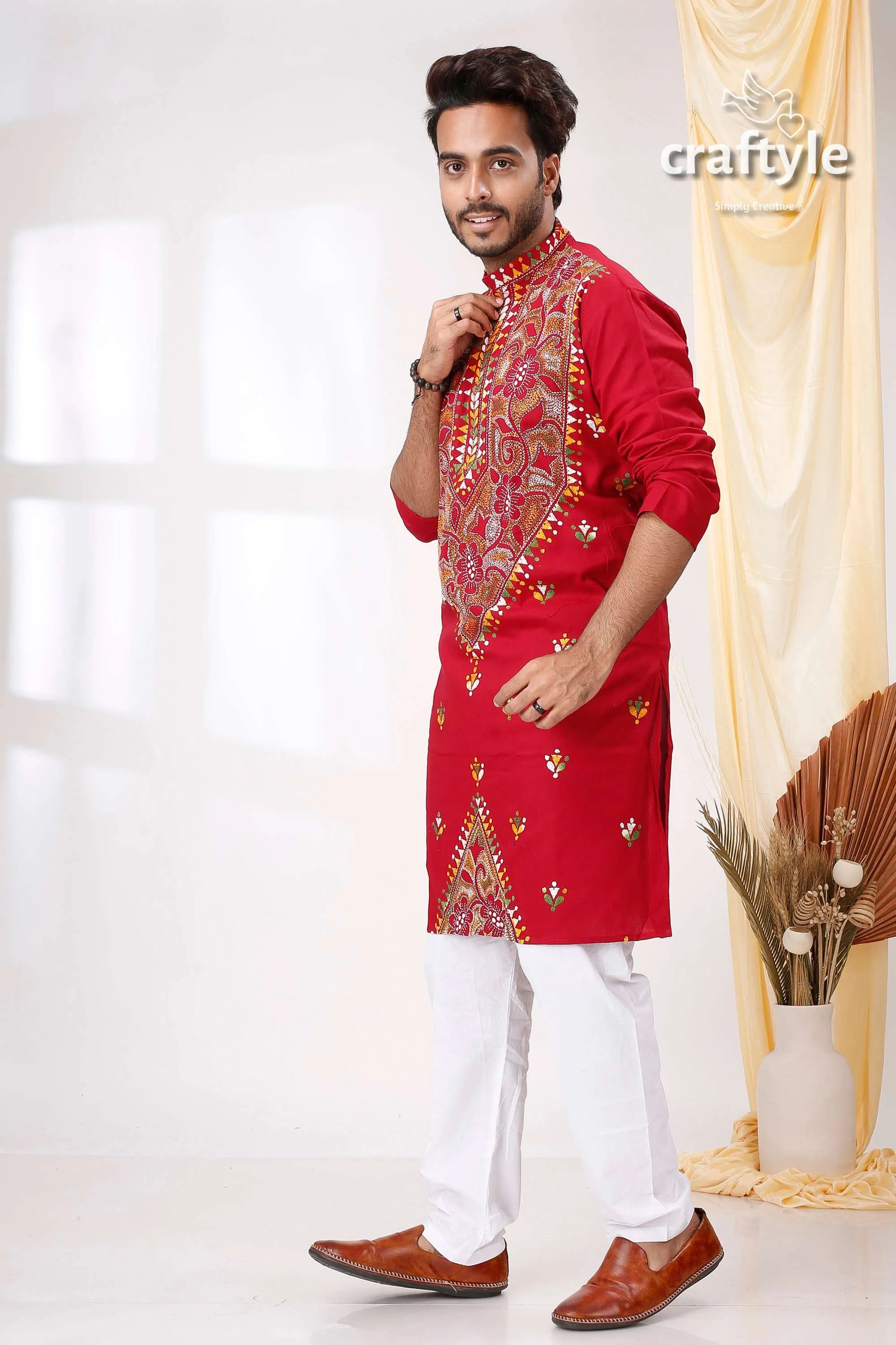 Paprika red multicolor reverse kantha work cotton kurta for men vibrant embroidered intricate 4