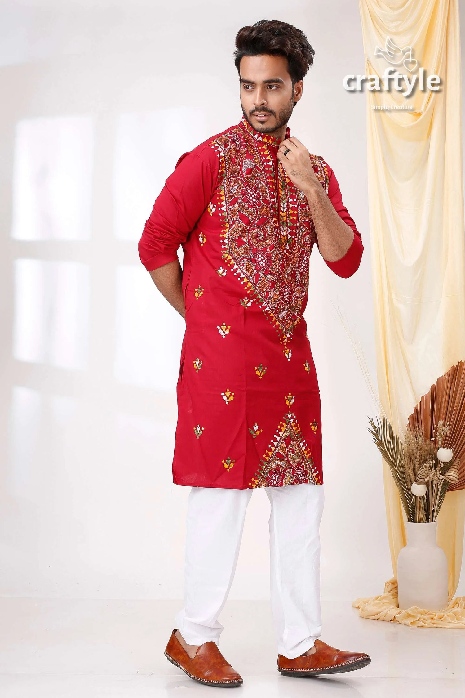 Paprika red multicolor reverse kantha work cotton kurta for men embroidered intricate gold 3