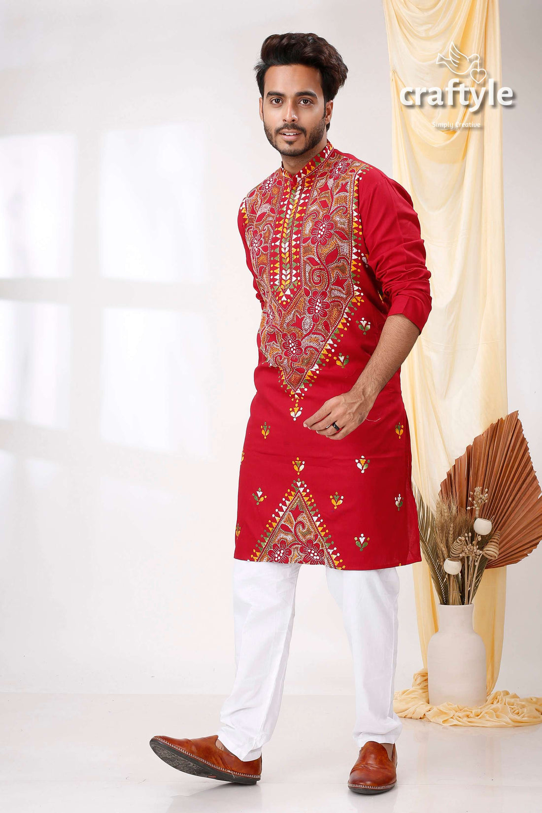 Paprika Red Multicolor Reverse Kantha Work Cotton Kurta for Men - Craftyle