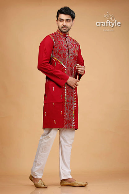 Paprika red multithread hand kantha stitched cotton kurta embroidered gold high 1