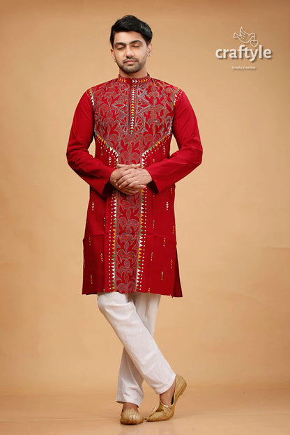 Paprika red multithread hand kantha stitched cotton kurta embroidered intricate gold 4