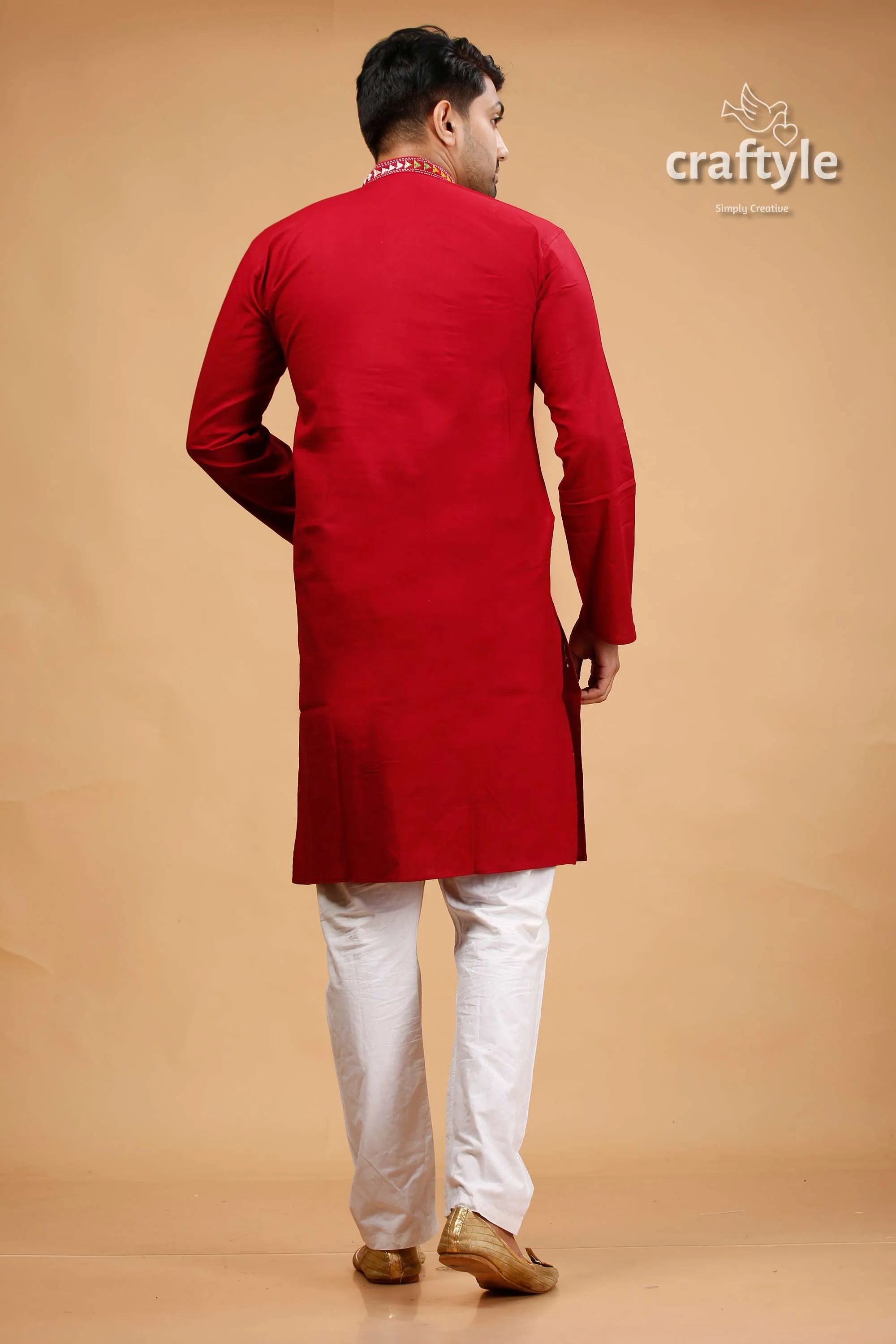 Paprika red multithread hand kantha stitched cotton kurta vibrant long-sleeved traditional 5