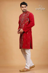 Paprika red multithread hand kantha stitched cotton kurta embroidered gold thread 3