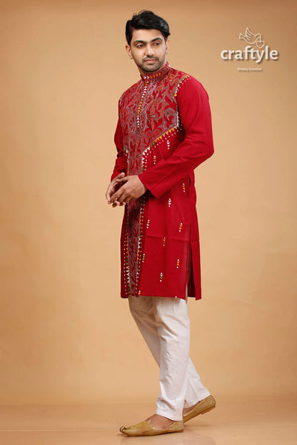 Paprika red multithread hand kantha stitched cotton kurta embroidered gold thread 3