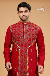 Paprika red multithread hand kantha stitched cotton kurta vibrant embroidered intricate 2