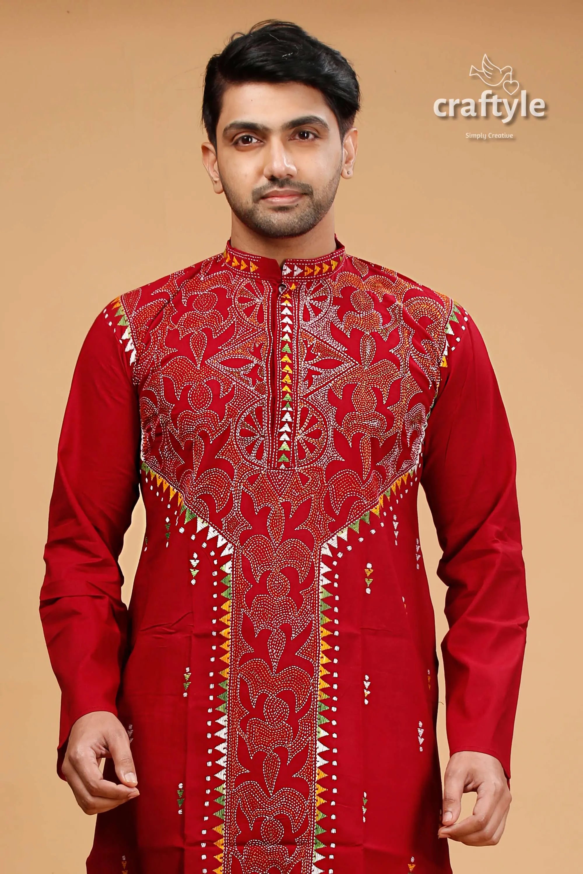 Paprika red multithread hand kantha stitched cotton kurta vibrant embroidered intricate 2