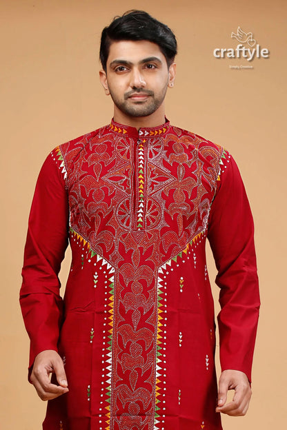 Paprika red multithread hand kantha stitched cotton kurta vibrant embroidered intricate 2