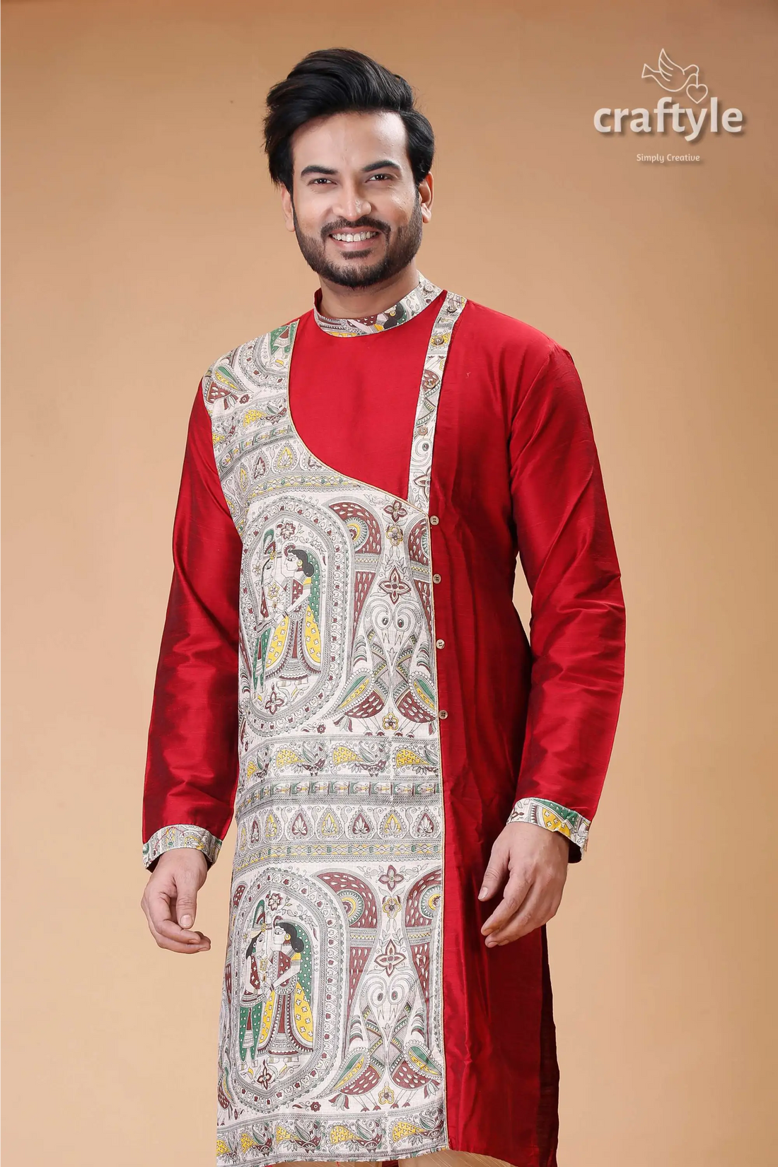 Paprika red silk kurta for men with elegant madhubani design red kurta painted panel 2