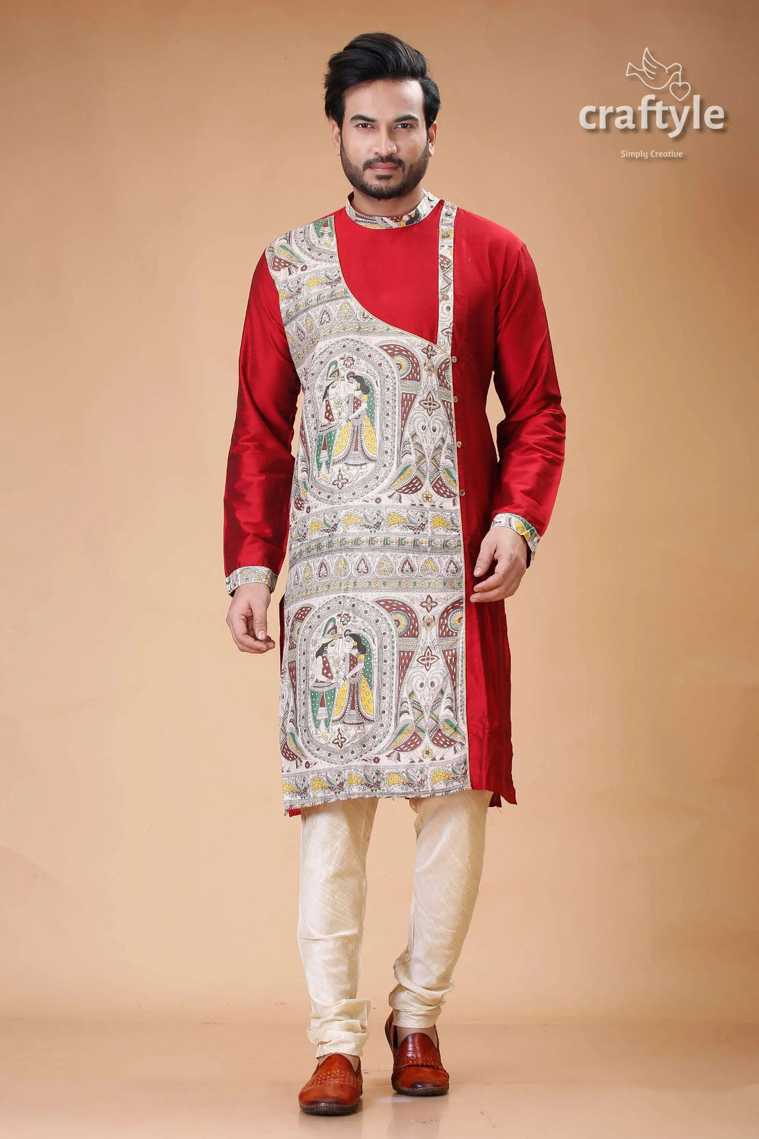 Paprika red silk kurta for men with elegant madhubani design red kurta painted panel 1
