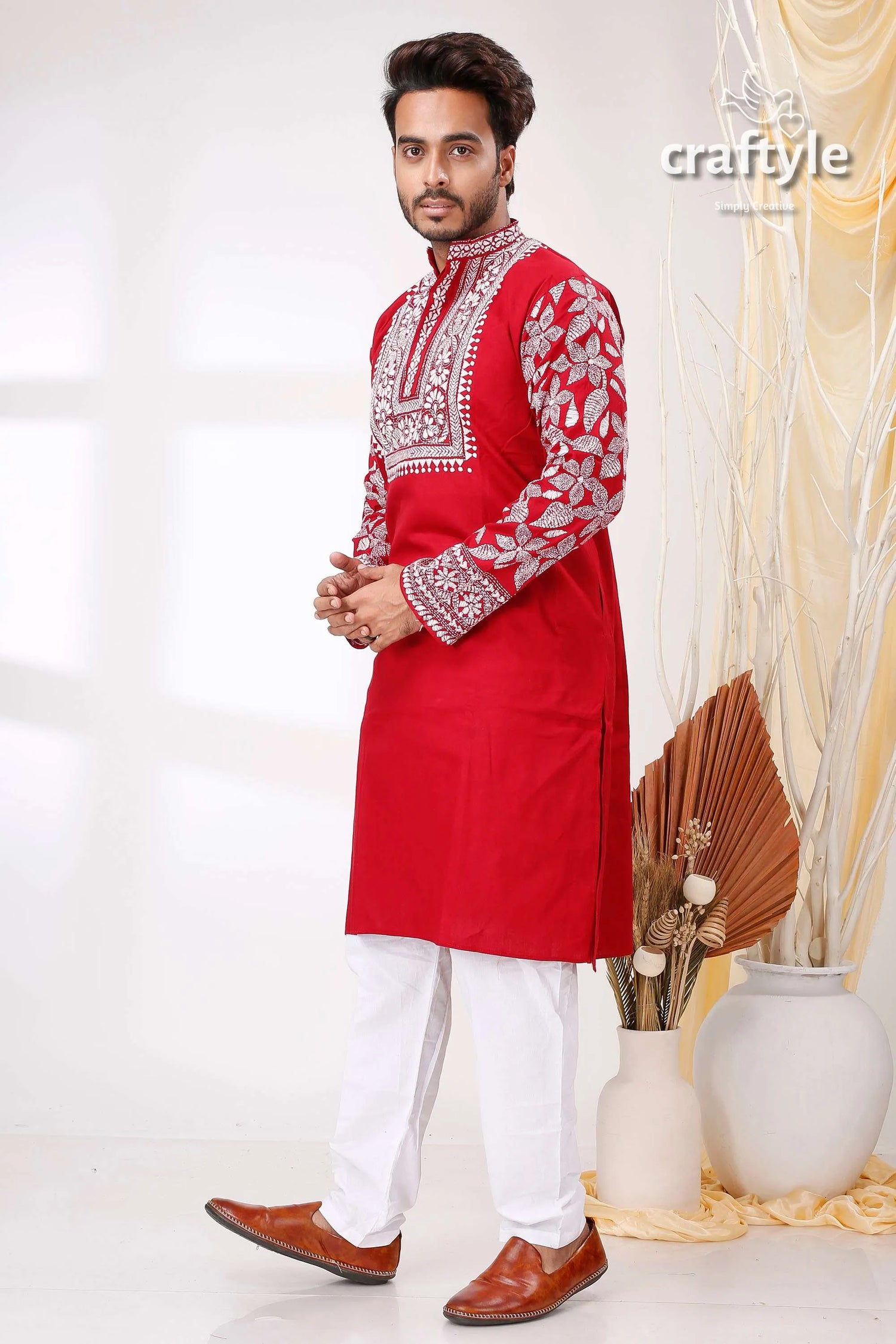 Paprika red white thread work kantha stitch cotton men’s kurta vibrant intricate 3