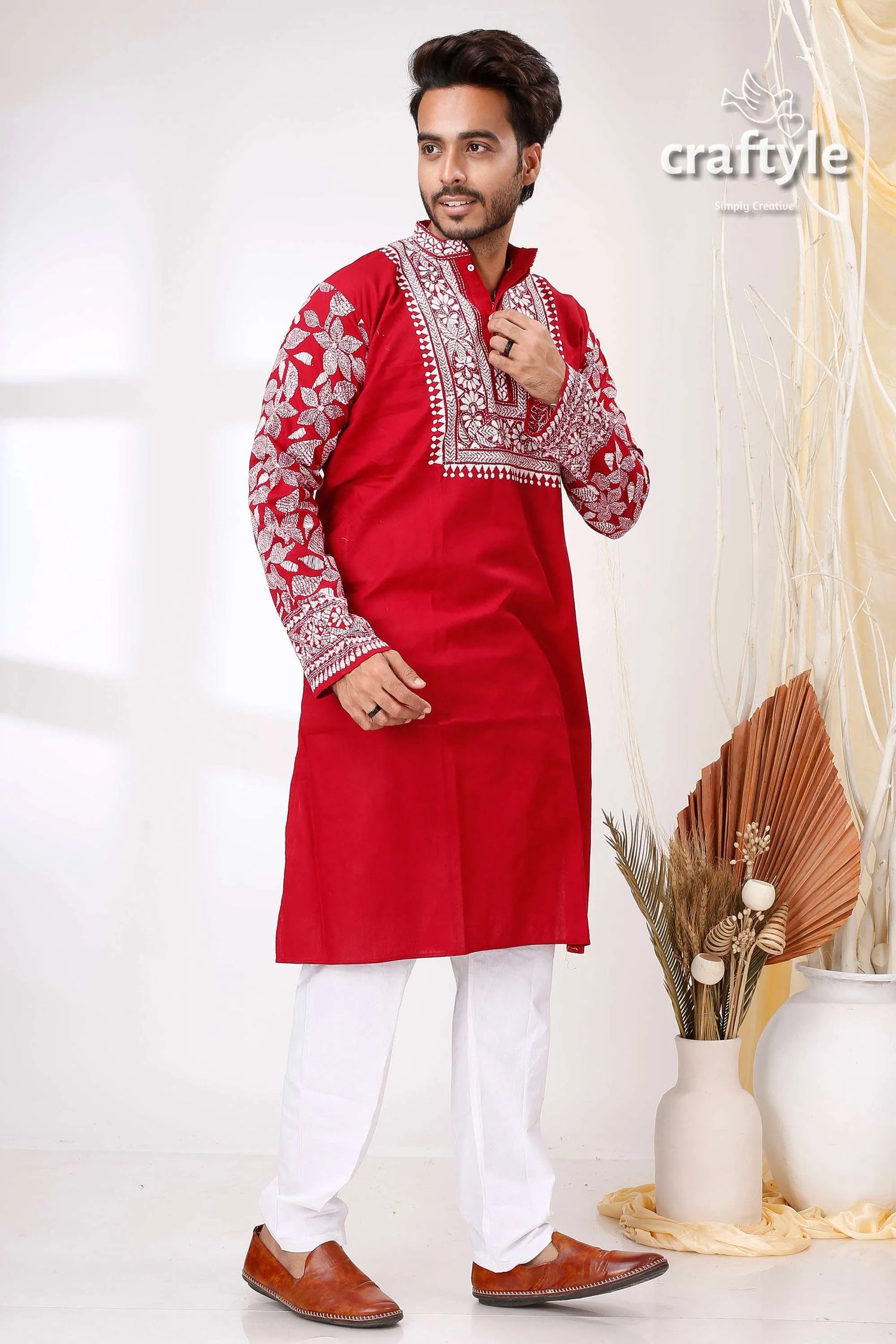 Paprika red white thread work kantha stitch cotton men’s kurta embroidered intricate 4