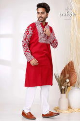 Paprika red white thread work kantha stitch cotton men’s kurta embroidered intricate 4