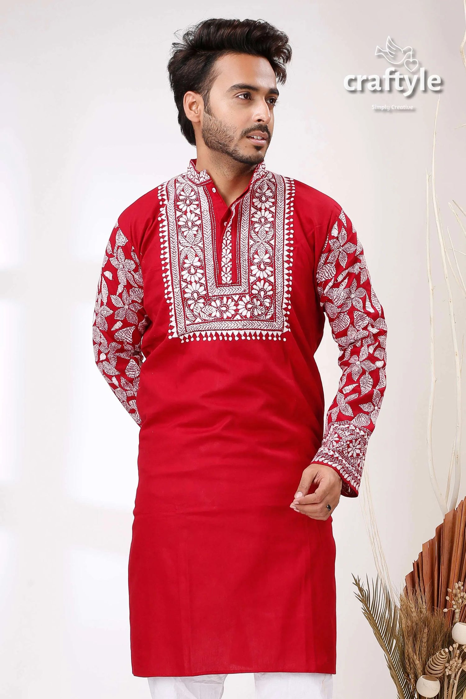 Paprika red white thread work kantha stitch cotton men’s kurta embroidered intricate 2