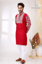 Paprika red white thread work kantha stitch cotton men’s kurta embroidered intricate 1