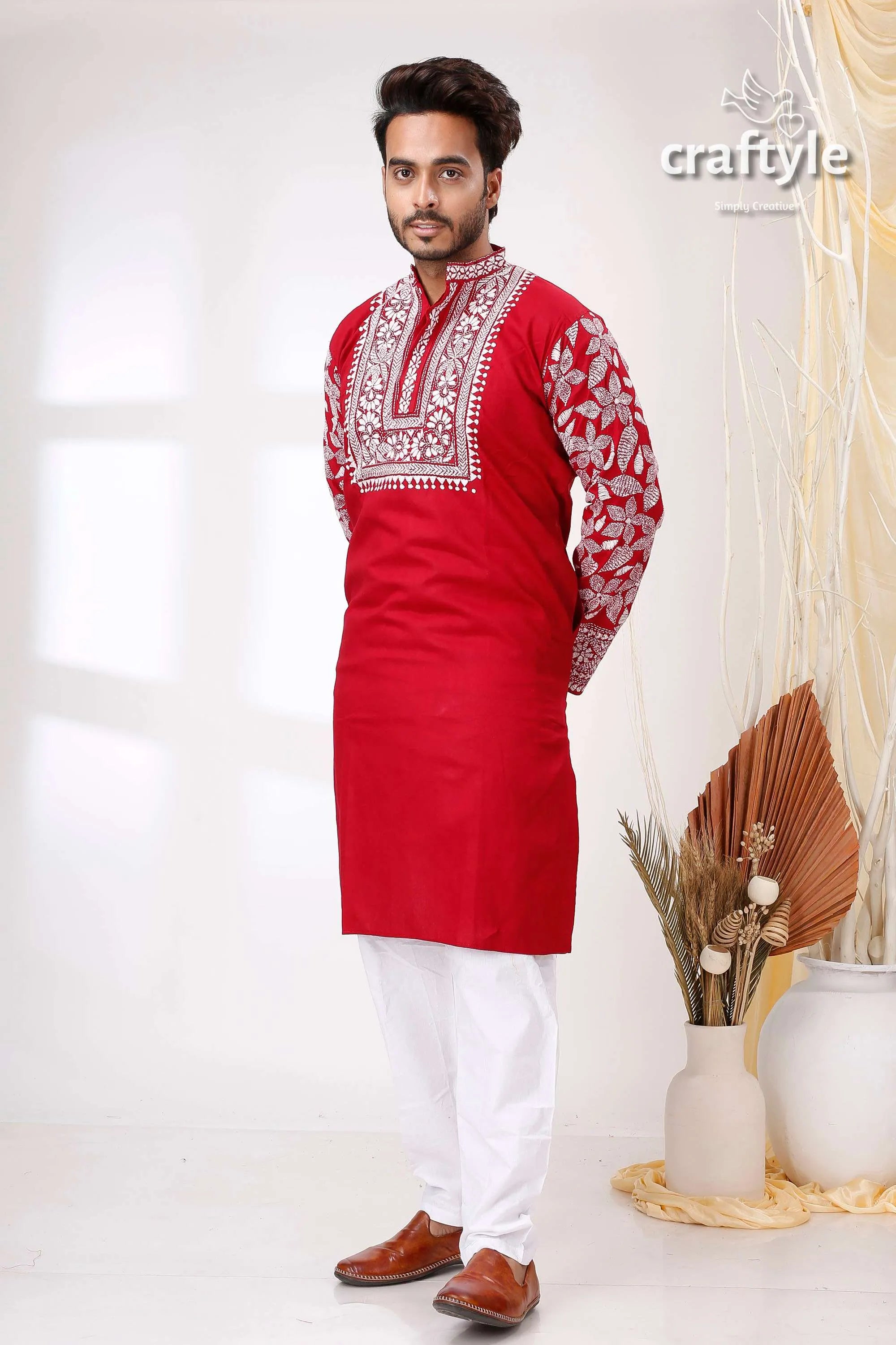 Paprika red white thread work kantha stitch cotton men’s kurta embroidered intricate 1