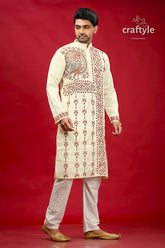 Parchment white and brown kantha stitch kurta for men cream-colored intricate red 4
