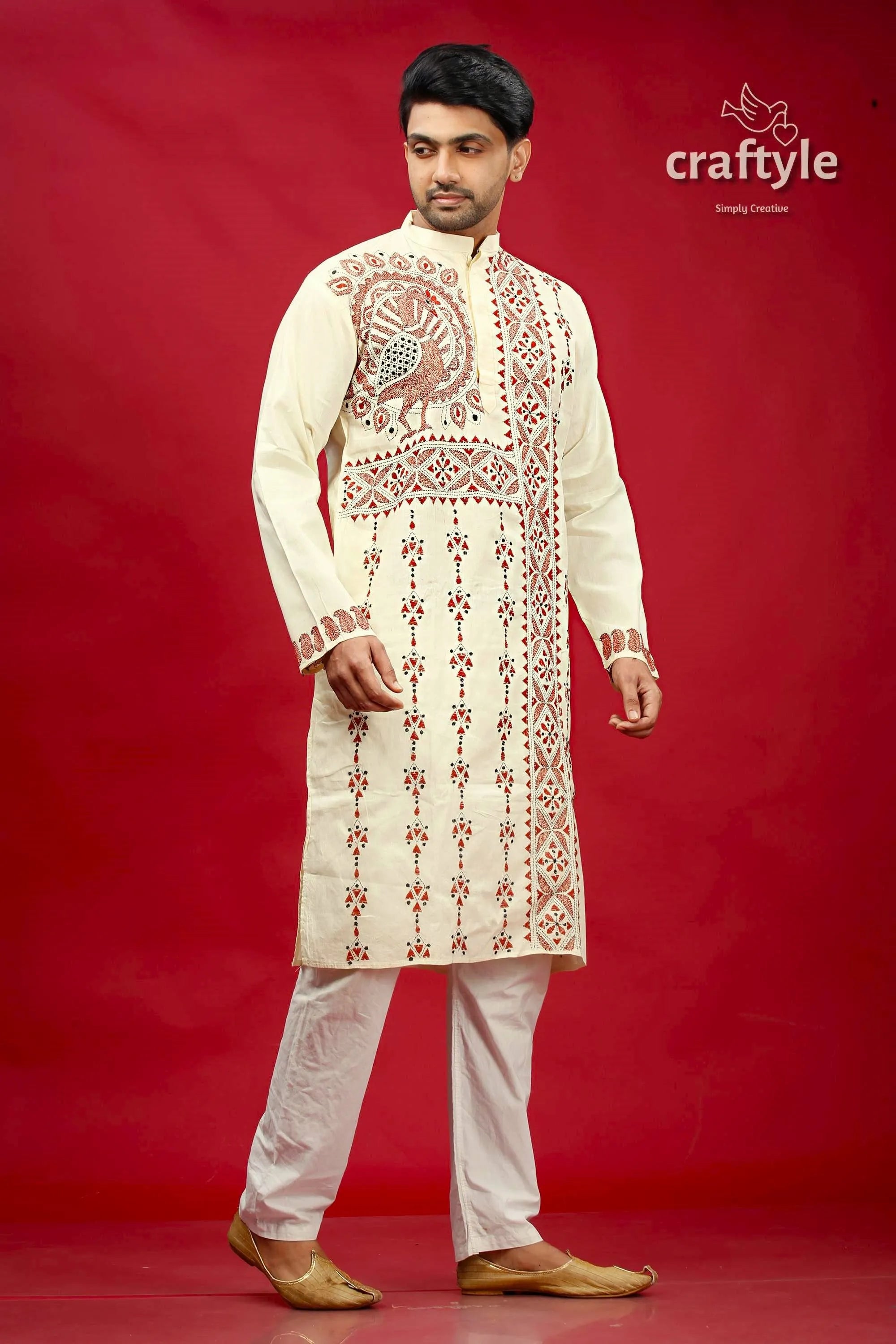 Parchment white and brown kantha stitch kurta for men cream-colored intricate red 4
