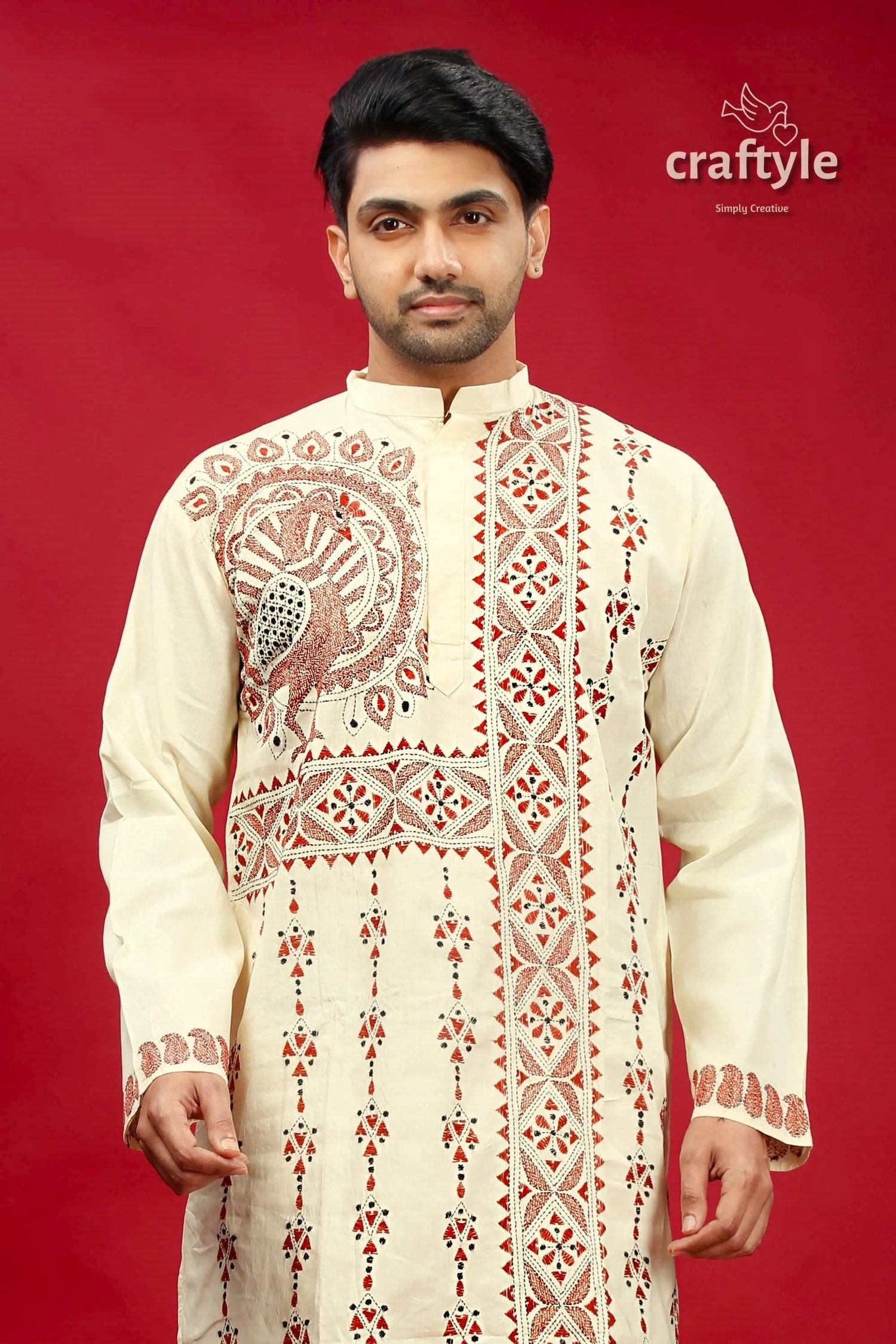 Parchment white and brown kantha stitch kurta for men cream-colored intricate red black 2