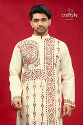 Parchment white and brown kantha stitch kurta for men cream-colored intricate red black 2