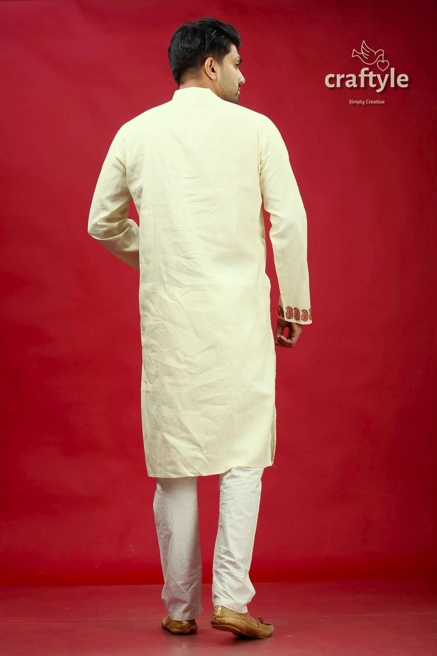 Parchment white and brown kantha stitch kurta for men cream-colored traditional indian subtle 5
