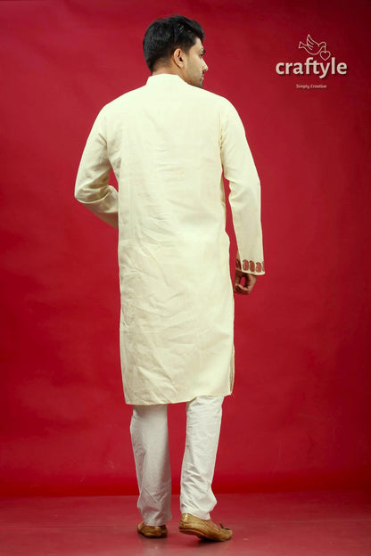 Parchment white and brown kantha stitch kurta for men cream-colored traditional indian subtle 5