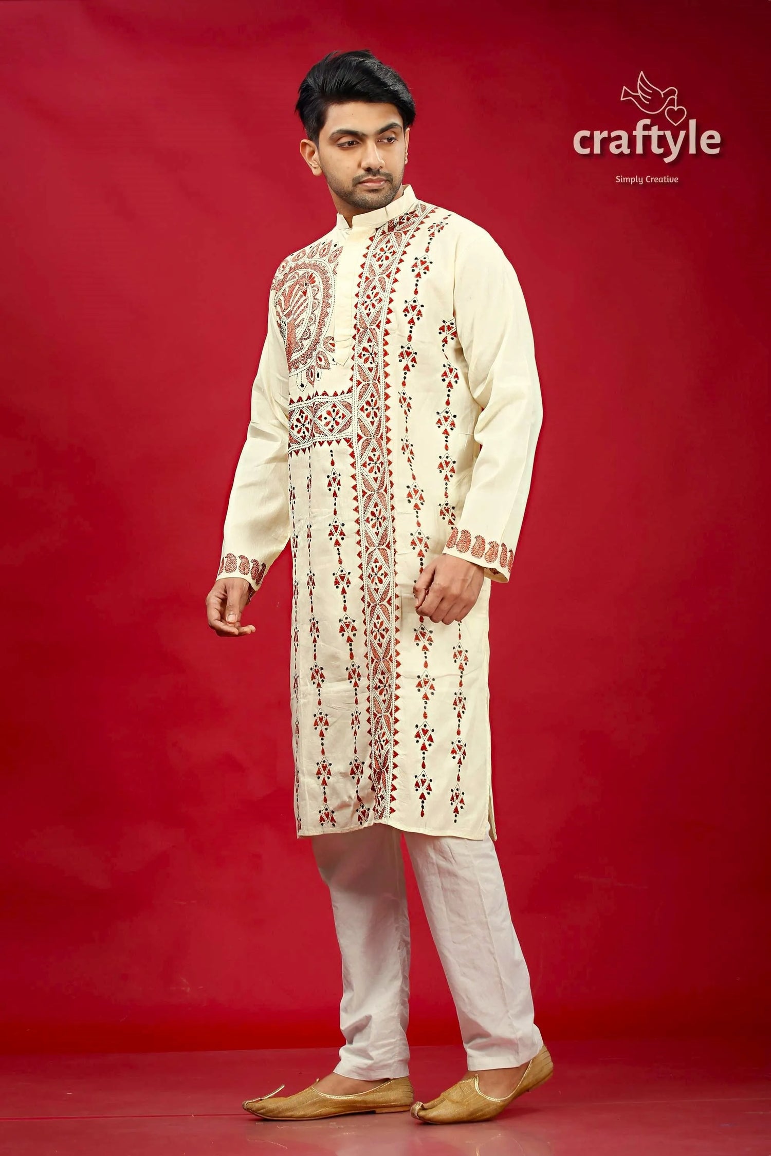 Parchment white and brown kantha stitch kurta for men cream-colored embroidered intricate red 3