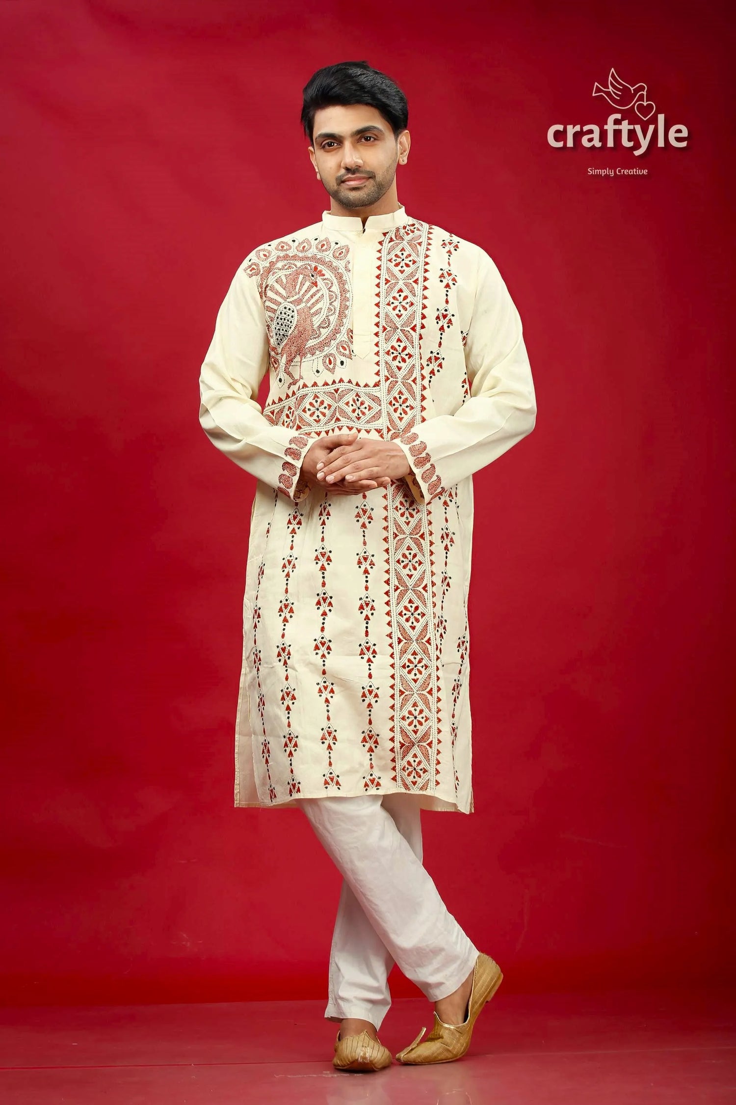 Parchment white and brown kantha stitch kurta for men cream-colored intricate red beige 1