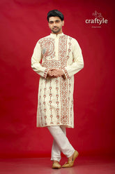 Parchment white and brown kantha stitch kurta for men cream-colored intricate red beige 1