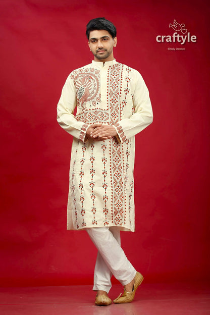 Parchment white and brown kantha stitch kurta for men cream-colored intricate red beige 1