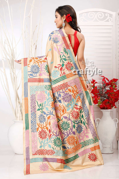 Parmesan Tan Multicolor Floral Motif Silk Kantha Work Saree - Craftyle
