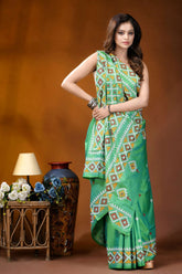Parrot green ethnic motif handcrafted gujrati stitch silk saree vibrant green sari intricate geometric 4
