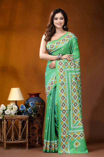 Parrot green ethnic motif handcrafted gujrati stitch silk saree vibrant green saree adorned intricate 1
