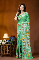 Parrot green ethnic motif handcrafted gujrati stitch silk saree vibrant green saree intricate geometric 6