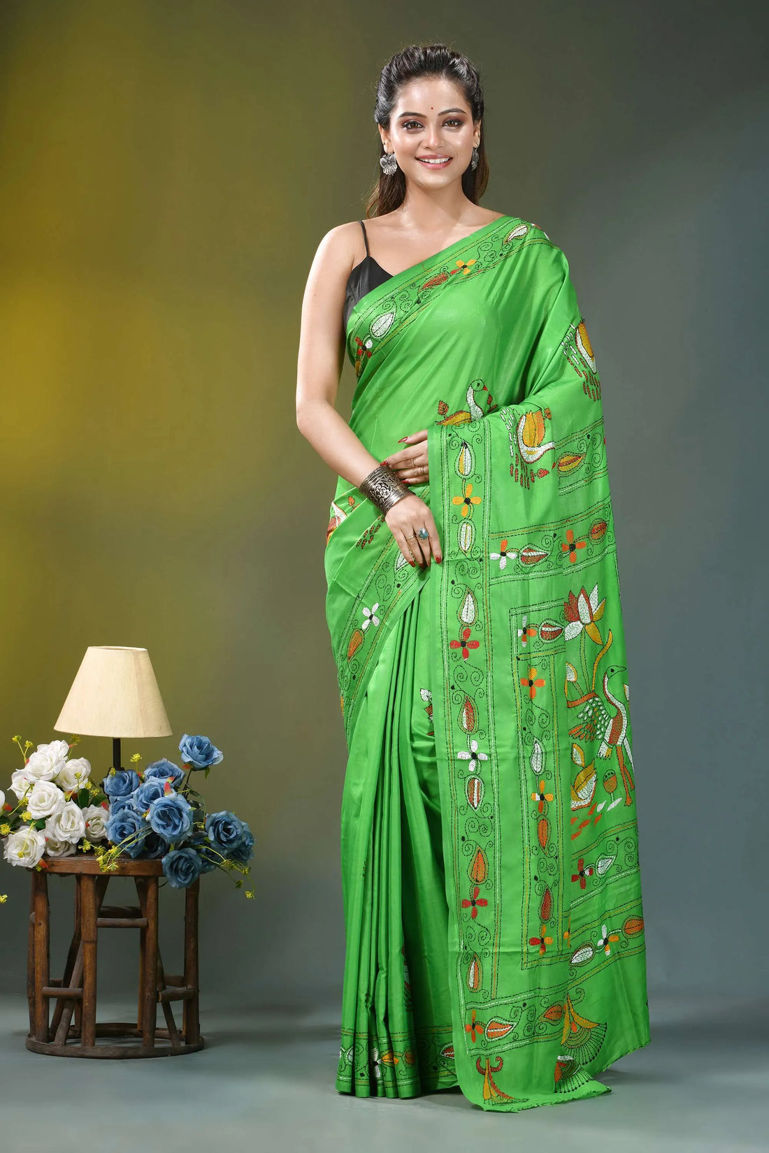 Parrot green nature theme kantha silk saree vibrant green silk saree adorned 1
