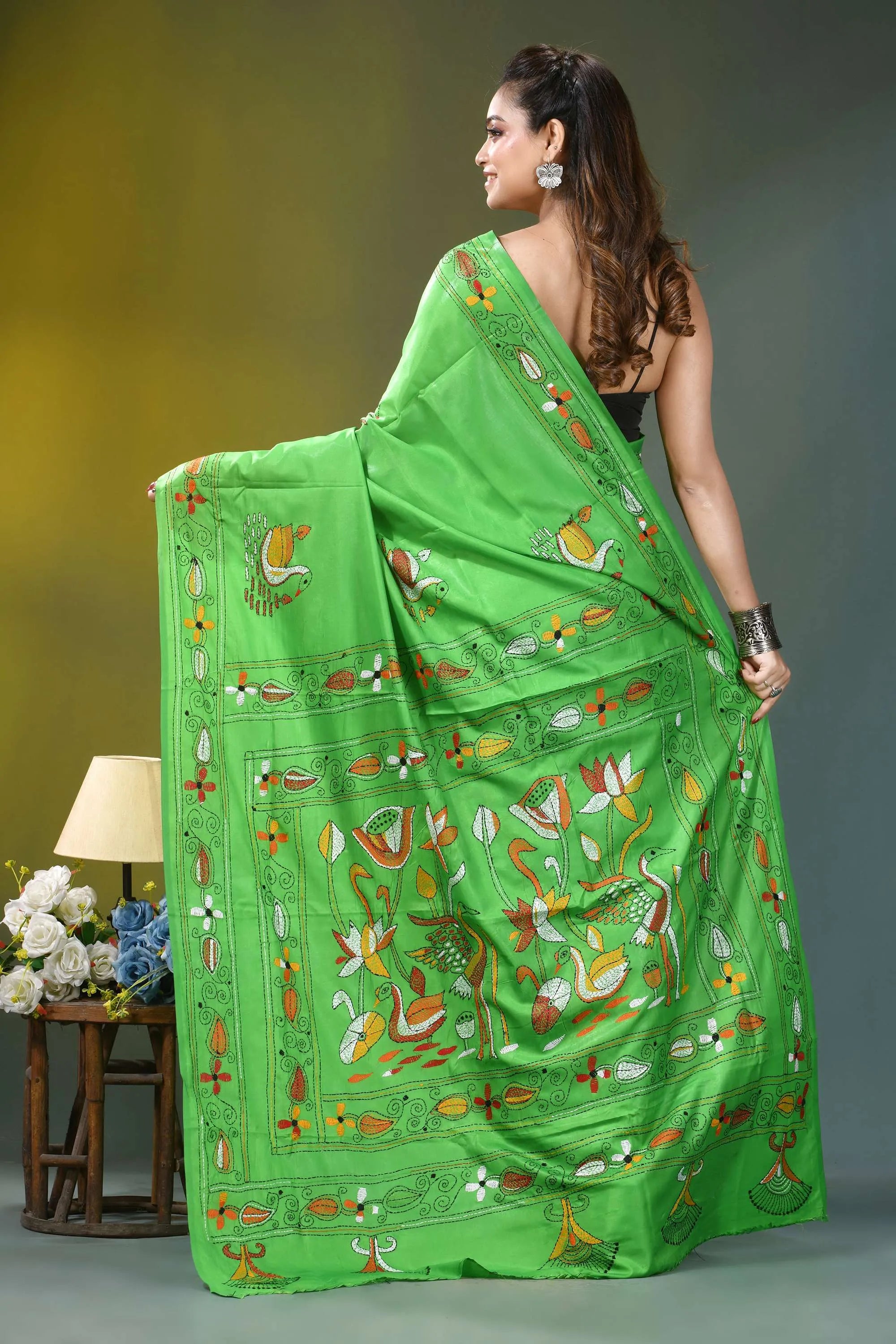 Parrot green nature theme kantha silk saree vibrant green silk saree adorned 5