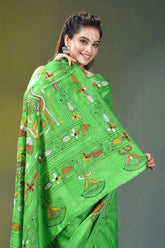Parrot green nature theme kantha silk saree vibrant green saree intricate embroidered 2