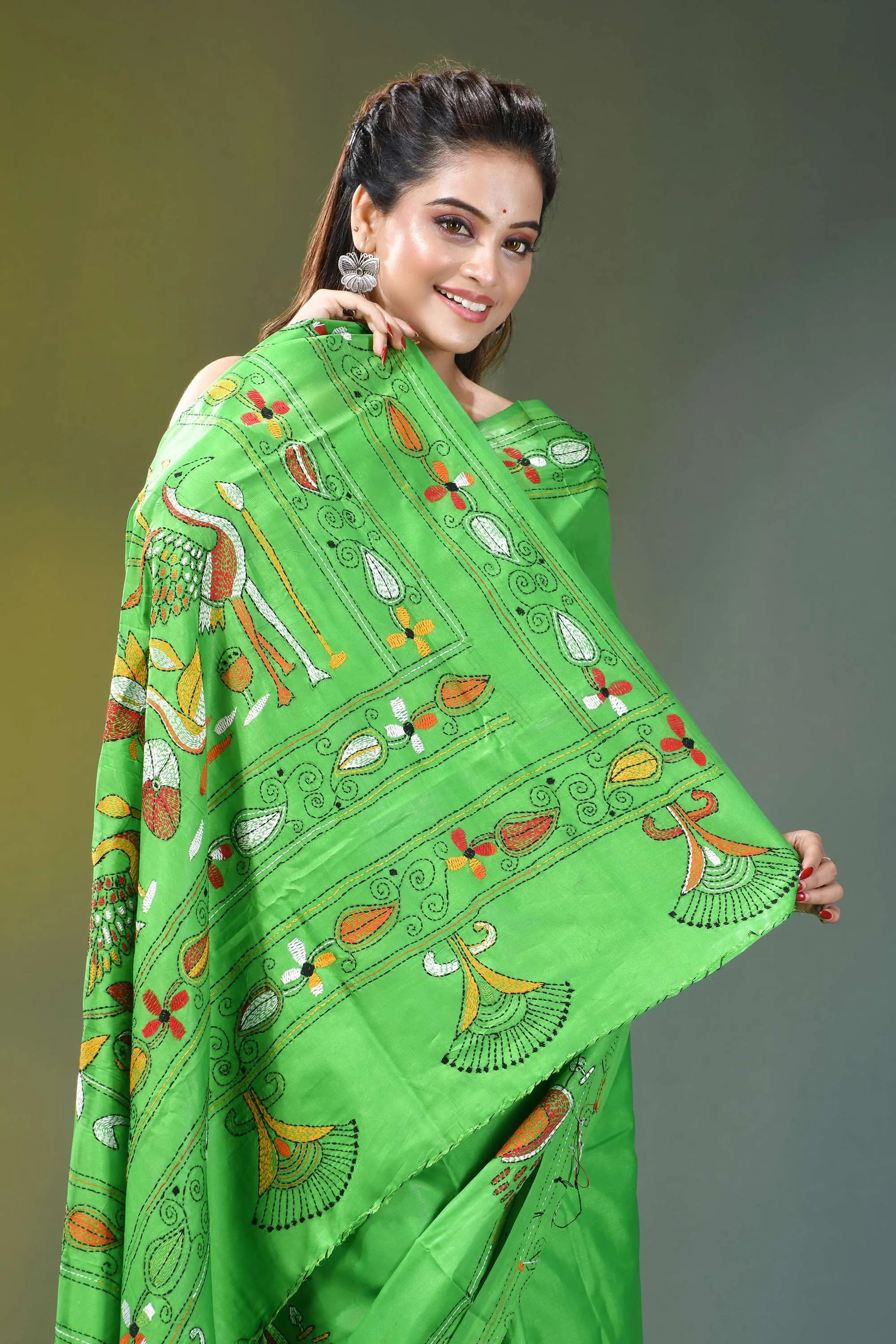 Parrot green nature theme kantha silk saree vibrant green saree intricate embroidered 2