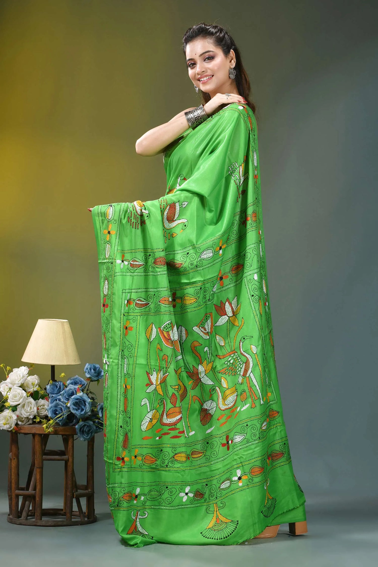 Parrot green nature theme kantha silk saree vibrant green silk saree adorned 3