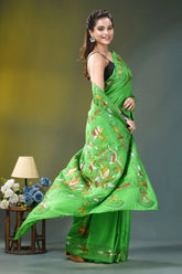 Parrot green nature theme kantha silk saree vibrant green silk saree adorned 4