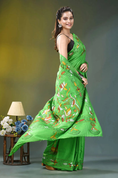Parrot green nature theme kantha silk saree vibrant green silk saree adorned 4