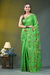 Parrot green nature theme kantha silk saree vibrant green saree intricate hand-embroidered 6