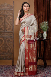 Pastel grey zari border bomkai saree - elegant indian silk sari elegant gray saree red gold 2