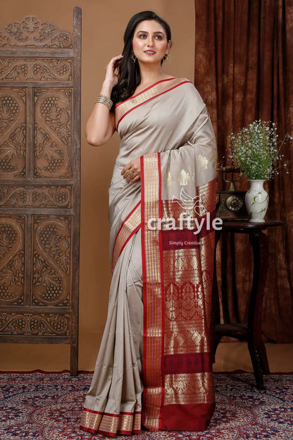Pastel grey zari border bomkai saree - elegant indian silk sari elegant gray saree red gold 2