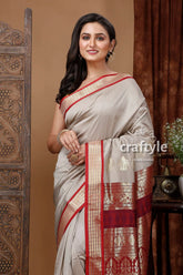 Pastel grey zari border bomkai saree - elegant indian silk sari elegant gray saree red gold 1