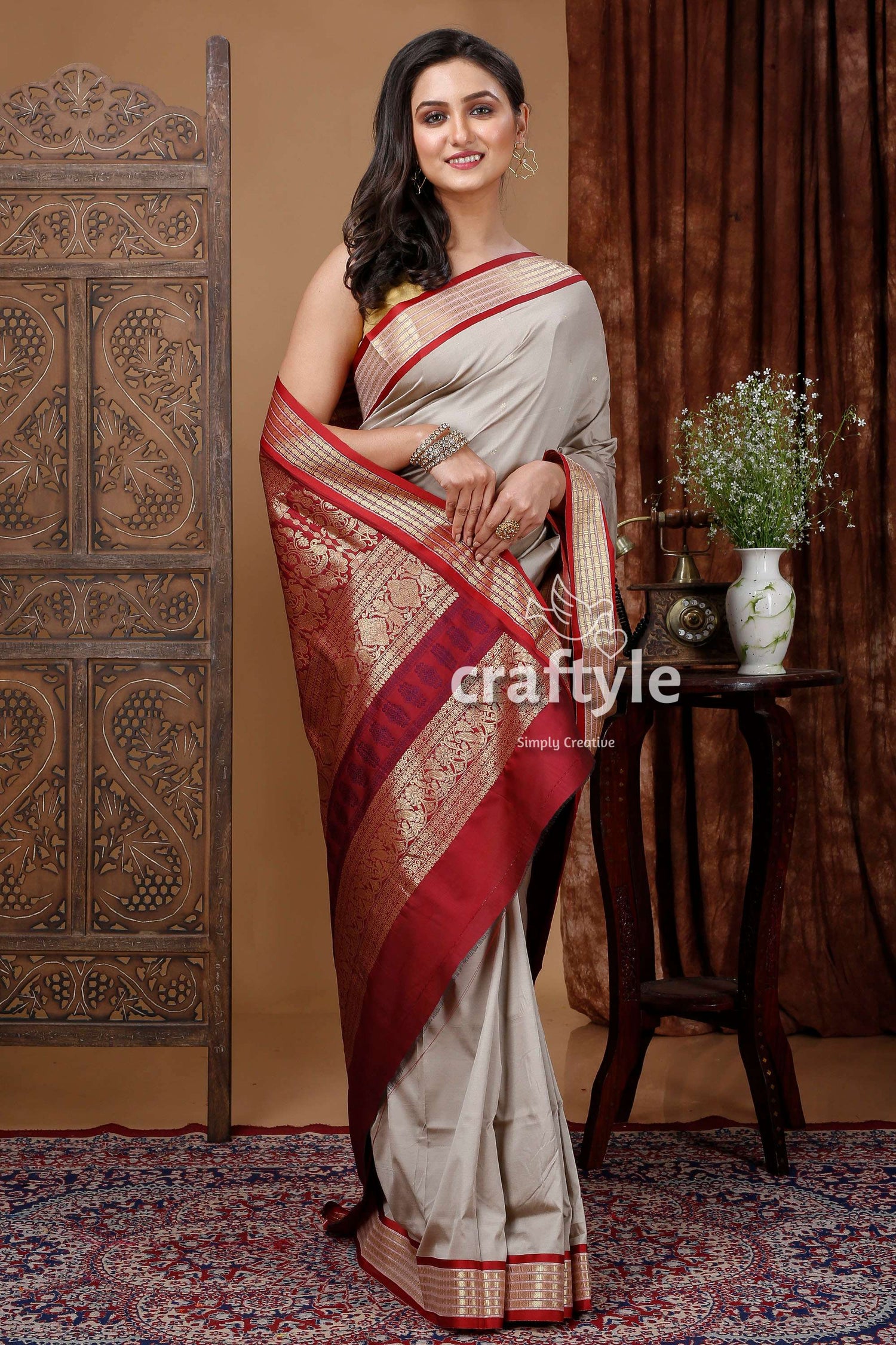 Pastel Grey Zari Border Bomkai Saree - Elegant Indian Silk Sari - Craftyle