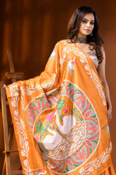 Pastel orange silk kantha stitch saree hand embroidered swan motif 2