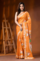 Pastel orange silk kantha stitch saree hand embroidered swan motif 1