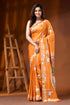 Pastel orange silk kantha stitch saree hand embroidered swan motif 1