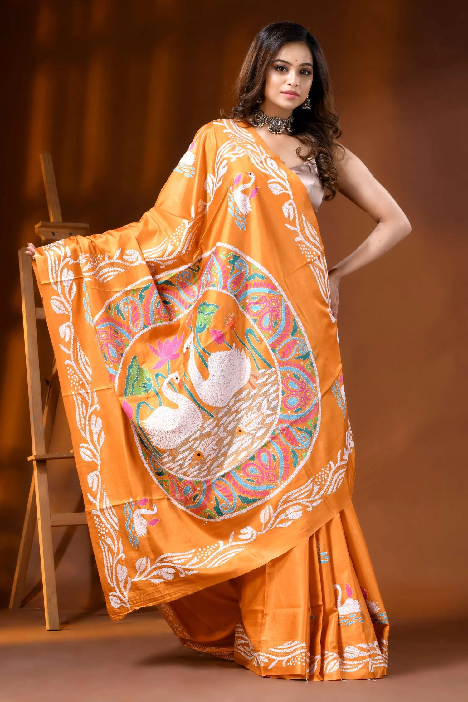 Pastel orange silk kantha stitch saree hand embroidered swan motif 6