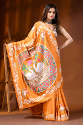 Pastel orange silk kantha stitch saree hand embroidered swan motif 6